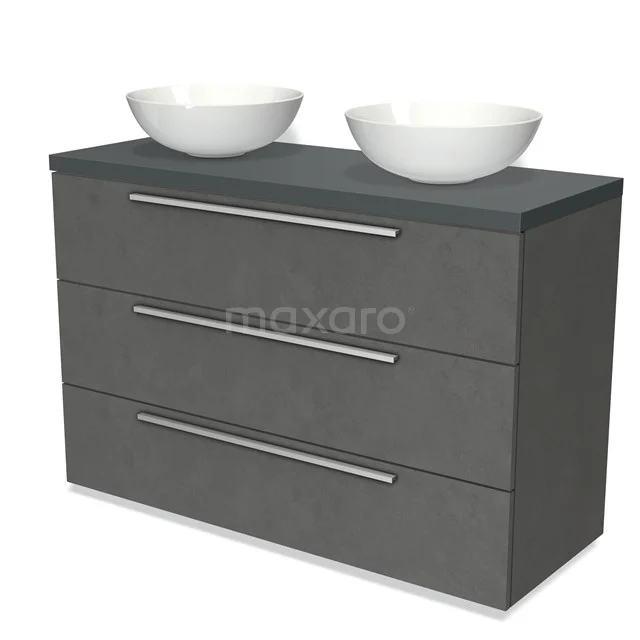 Dunkelgraue Badmöbelset mit Doppelwaschbecken, modernem Erscheinungsbild und eleganten Edelstahl Haltegriffen.