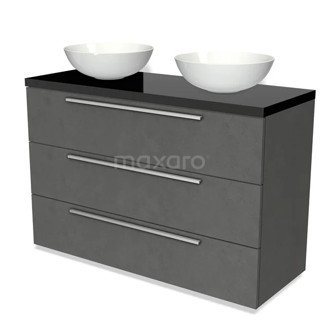 Grey bathroom furniture set with black top, three drawers and double white basins, modern design.