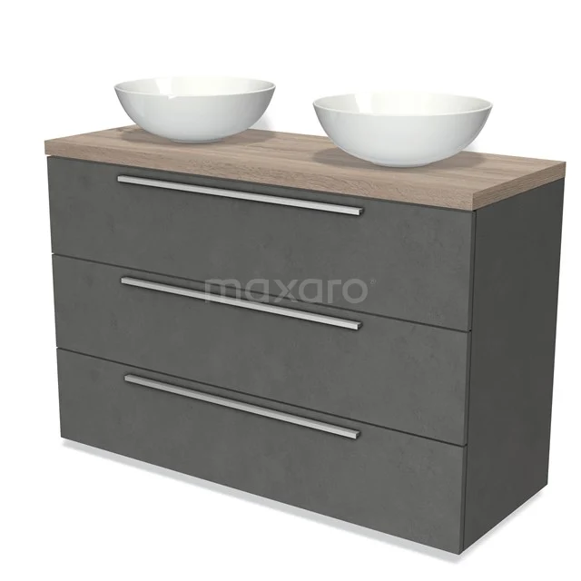 Grey bathroom furniture set with wooden worktop, double white countertop basins and three spacious drawers, modern design.