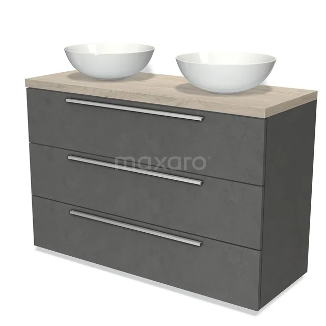 Double vanity unit, anthracite, with wood-look worktop and ceramic bowls; modern storage solution for the bathroom.