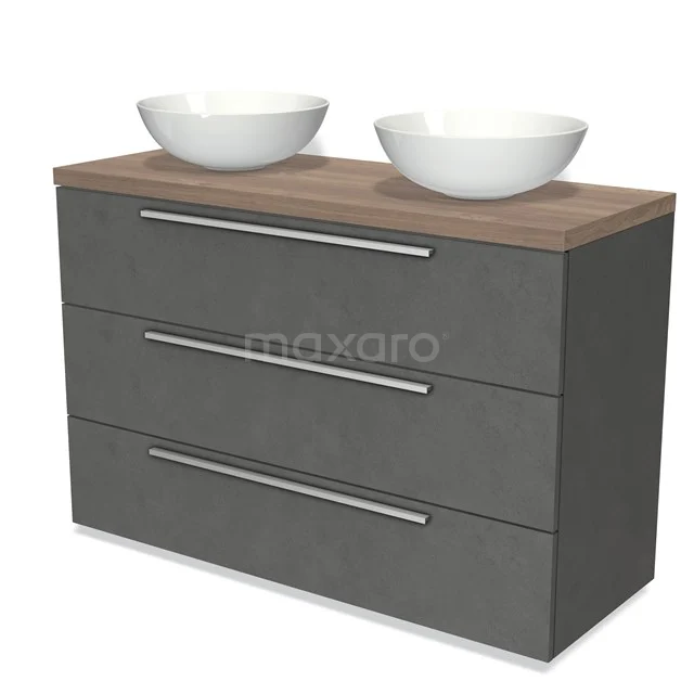 Grijs badkamermeubel met dubbel wasbakdesign, houtlook blad en moderne lades, ideaal voor stijlvolle badkamerinrichting.