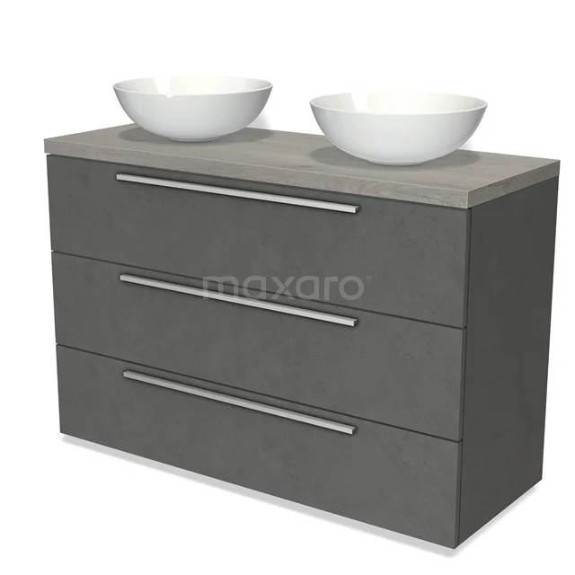Grijze badkamermeubelset met dubbele waskommen, drie lades en strakke handgrepen, ideaal voor een moderne badkamer.