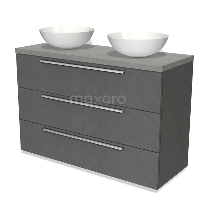 Donkergrijs badkamermeubel met twee witte opzetwaskommen, drie lades en strakke metalen handgrepen, ideaal voor moderne badkamers.