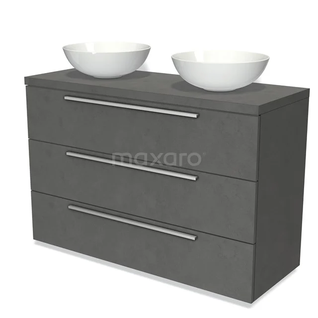 Grijze badkamermeubelset met dubbele waskommen, drie lades en moderne chromen handgrepen, ideaal voor stijlvolle badkamers.