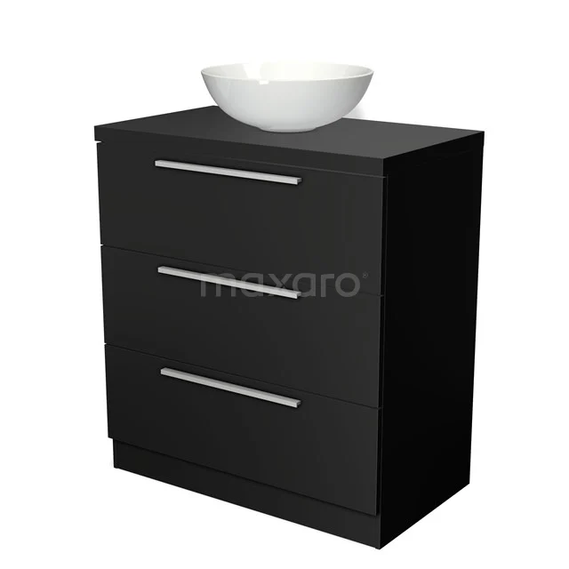 Schwarzer Badschrank mit drei Schubladen und einem weißen runden Aufsatzwaschbecken, modernes Design und ideal für stilvollen Badezimmerraum.