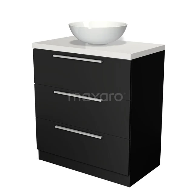 Schwarzes Badmöbel mit weißem Aufsatzwaschbecken, modernes Design und klare Linien, ideal für ein stilvolles und platzsparendes Badezimmer.