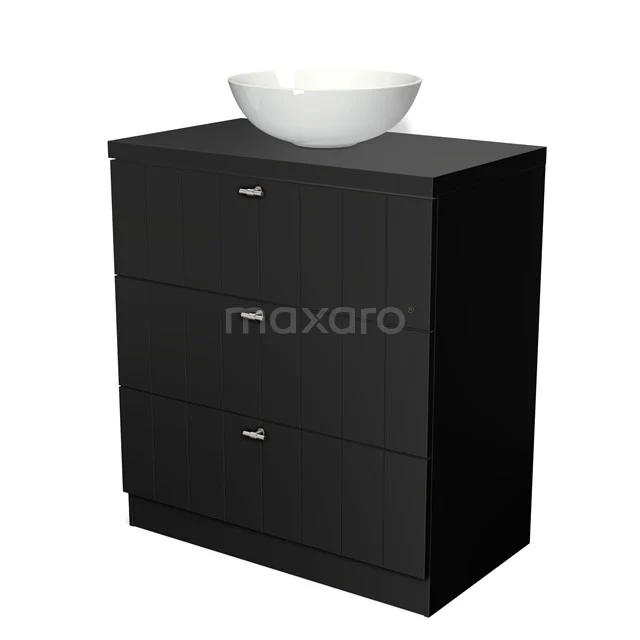 Black bathroom cabinet with three drawers, ceramic white basin, modern design, ideal for stylish bathroom storage.