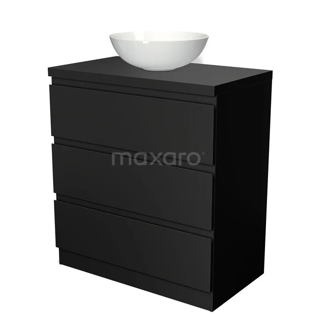 Schwarzer Badschrank mit drei Schubladen und einem weißen runden Aufsatzwaschbecken, modernes Design und sauber verarbeitet.