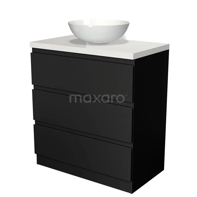 Badmöbel für Aufsatzwaschbecken 80cm Modulo Plato Matt Schwarz 3 Schubladen Grifflos Hochglanz Weiß Platte BMK19S-00031 Schwarze Badmöbelset mit weißem Waschbecken, elegantes Design, ideal für moderne Bäder, aus langlebigem Material gefertigt.