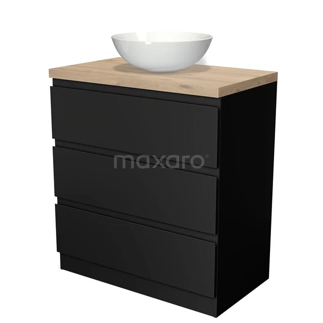 Schwarze Badmöbel mit Holzlook Platte und weißem Aufsatzwaschbecken, modernes Design für stilvolle Bäder.