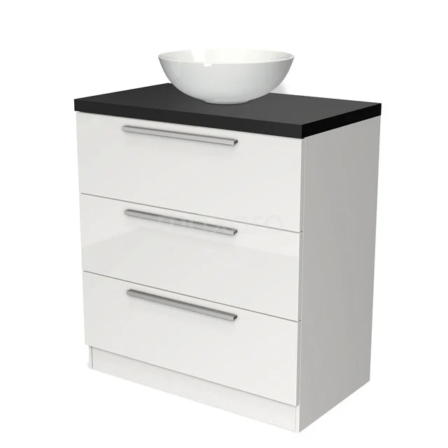 Weißes Badmöbel mit schwarzer Platte, drei Schubladen und einem runden Waschbecken; modernes Design für stilvolle Bäder.