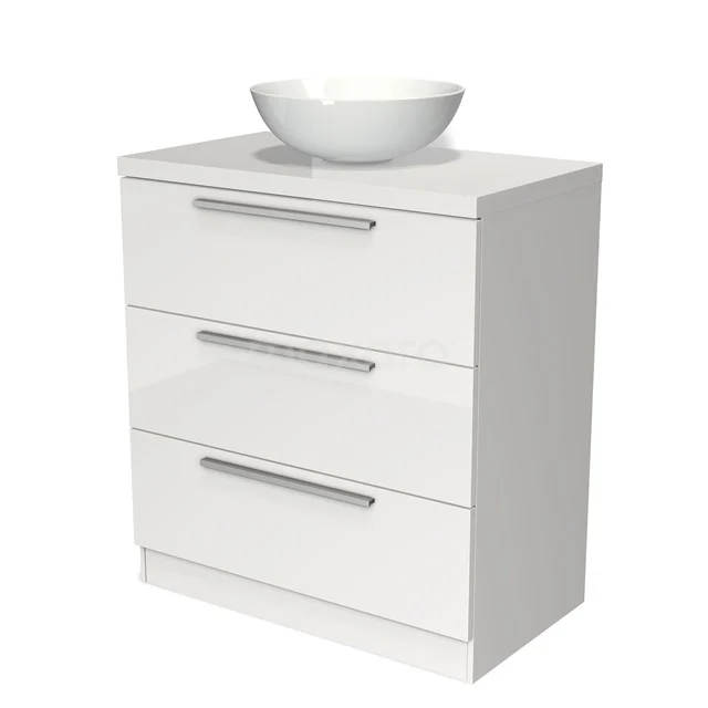 Weißer Badschrank mit Aufsatzwaschbecken, drei Schubladen und modernen metallischen Haltegriffen, ideal für stilvolle und praktische Badezimmerlagerung.