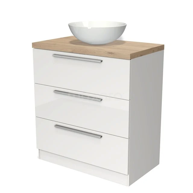 Weißes Badmöbel mit Waschbecken, Holzlook Platte und drei Schubladen mit Metallgriffen, modernes Design.