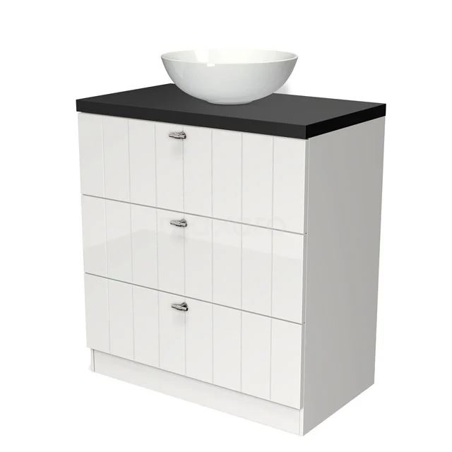 Modulo Plato Badmöbel mit Aufsatzwaschbecken | 80 cm Hochglanz Weiß Lamelle front Matt Schwarz blatt 3 stehende Schubladen BMK19S-00057 Weißes Badezimmermöbel mit schwarzer Oberseite, runder keramischer Waschbecken und drei grifflose Schubladen für stilvolle Badezimmerlagerung.
