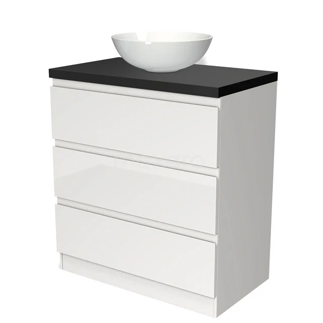 Weiße Badmöbelset mit schwarzer Platte und rundem Aufsatzwaschbecken, modernes Design und viel Stauraum, ideal für moderne Bäder.