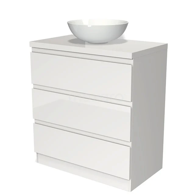 Witte badkamerkast met drie lades en wastafelkom, strak design, ideaal voor georganiseerde badkameropslag.