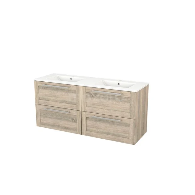 Wooden bathroom unit with double basin, four drawers and modern design in light Oak finish.