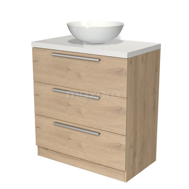 Holz Badschrank mit drei Schubladen, weißer Platte und rundem Waschbecken darauf, ideal für stilvolle Badezimmerlagerung.