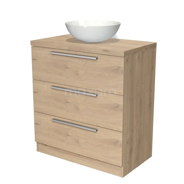 Badmöbel für Aufsatzwaschbecken 80cm Modulo Plato Hellbraune Eiche 3 Schubladen Stehend Flach BMK19S-00093 Holz-Badmöbel mit Waschbecken, drei Schubladen und schlankem Design. Perfekt für moderne Bäder.