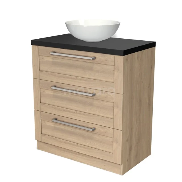 Modulo Plato Badmöbel mit Aufsatzwaschbecken | 80 cm Hellbraune Eiche Rahmen front Matt Schwarz blatt 3 stehende Schubladen BMK19S-00099 Holz Badschrank mit Schwarz Platte, drei Schubladen und rundem weißen Aufsatzwaschbecken, stilvoll und praktisch für moderne Bäder.