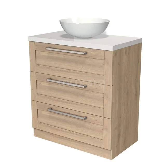 Modulo Plato Vanity units for countertop basin | 80 cm Light brown oak Frame front High-gloss white worktop 3 standing drawers BMK19S-00101 Wooden Bathroom unit with three drawers, white top and round countertop wash basin, ideal for stylish storage space in the bathroom.
