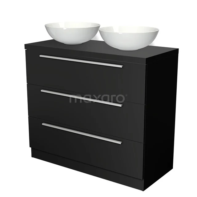 Schwarze Badmöbelset mit Schubladenfronten und doppelten weißen Waschbecken, modernes Design und sauber verarbeitet.