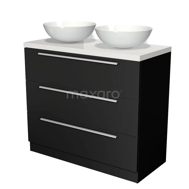 Schwarzes Badmöbel mit drei Schubladen, doppeltem weißen Aufsatzwaschbecken und schnörkellosem Design; ideal für moderne Badezimmer Einrichtung.