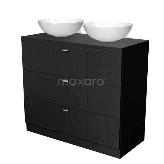 Black bathroom unit with three drawers and double white basins, modern design ideal for a stylish bathroom.