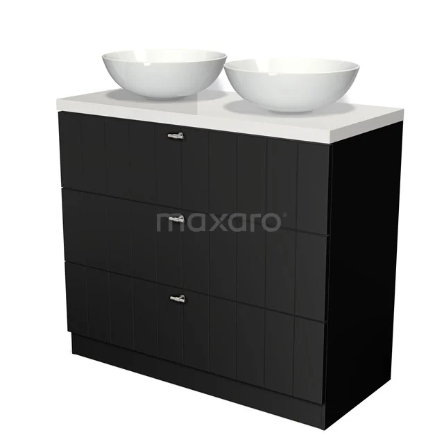 Modulo Plato Vanity units for countertop basin | 100 cm Matte black Slat front High-gloss white worktop 3 standing drawers BMK19S-00129 Black wooden bathroom unit with double white countertop wash basins, modern design, three drawers and high-quality finish.