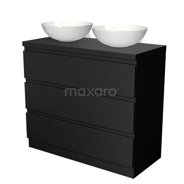 Schwarzes Badmöbel mit doppeltem keramischen Waschbecken, schlankem Design und tiefen Schubladen; ideal für moderne Bäder.