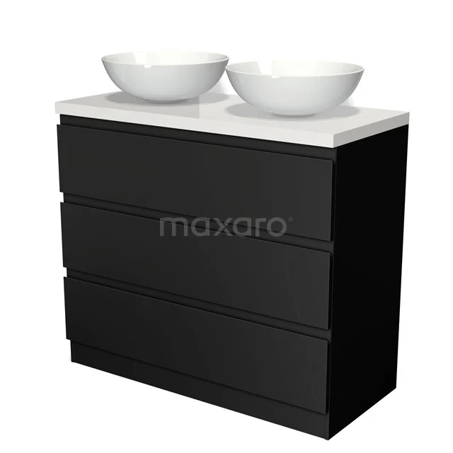 Modulo Plato Vanity units for countertop basin | 100 cm Matte black Handle-less front High-gloss white worktop 3 standing drawers BMK19S-00143