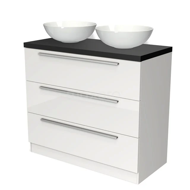 Weißes Badezimmermöbel mit drei Schubladen, schwarzer Arbeitsplatte und zwei weißen Aufsatzwaschbecken, modernes Design.
