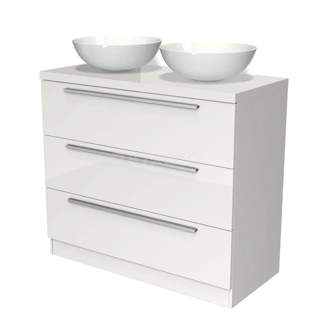 Badmöbel für Waschtischunterschrank mit Konsole 100cm Modulo Plato Hochglanz Weiß 3 Schubladen Stehend Flach BMK19S-00157 Weiße Badmöbel mit zwei Waschbecken, glänzenden Schubladen und schickem Design, perfekt für moderne Badezimmerinrichtungen.