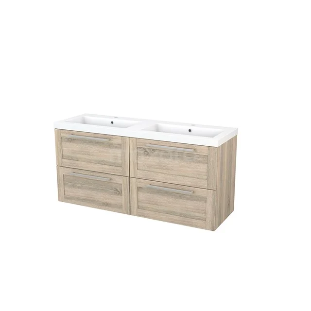 Wooden bathroom unit with double white vanity units with basin, four drawers and modern finish for stylish and practical bathroom storage.
