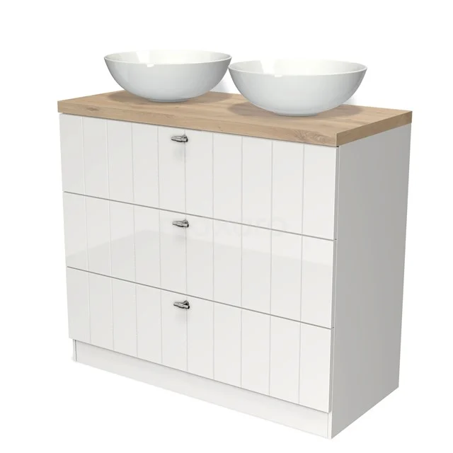 Modulo Plato Vanity units for countertop basin | 100 cm High-gloss white Slat front Light brown oak worktop 3 standing drawers BMK19S-00177 White bathroom furniture set with wooden worktop and double countertop wash basins, modern design with three drawers for optimal storage space.