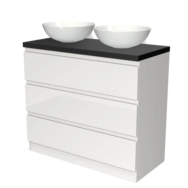 Weiße Badmöbel mit schwarzer Platte, doppelten runden Waschbecken und drei Schubladen, modernes Design für stilvolle Bäder.