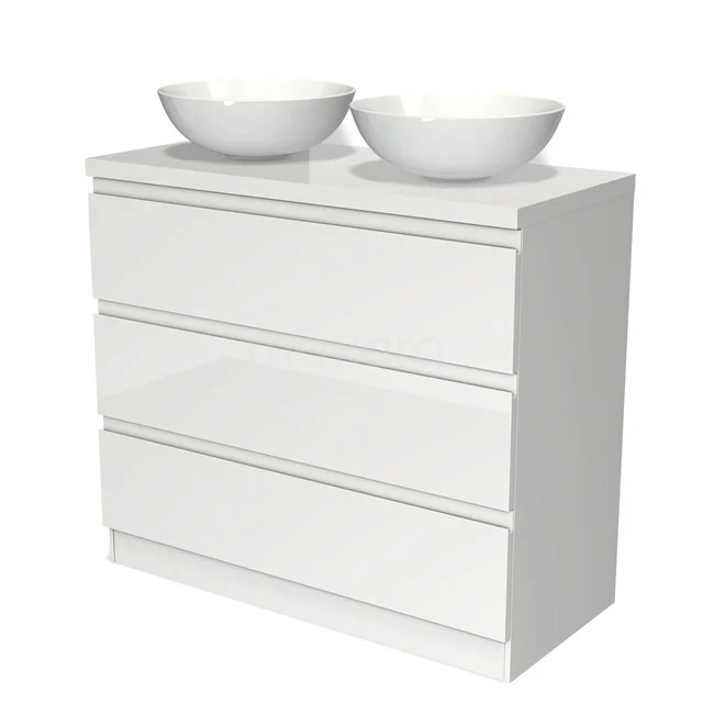 Badmöbel für Waschtischunterschrank mit Konsole 100cm Modulo Plato Hochglanz Weiß 3 Schubladen Stehender Schubladengriff Frei BMK19S-00185 Weiße Badmöbelset mit doppelten keramischen Aufsatzwaschbecken, modernem Design und drei breiten Schubladen für optimalen Stauraum.