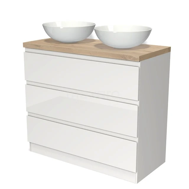 Weißes Badezimmermöbel mit Holzlook Platte, zwei runden keramischen Aufsatzwaschbecken und drei grifflose Schubladen, modernes Design.