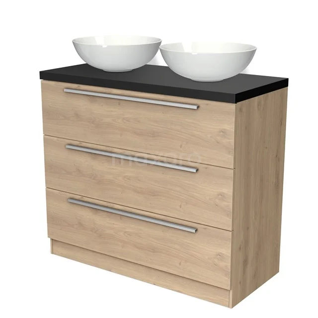 Wooden bathroom unit with three drawers, black top and two white countertop wash basins; modern and stylish storage solution.