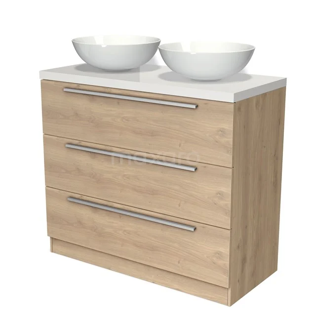 Modulo Plato Vanity units for countertop basin | 100 cm Light brown oak Flat front High-gloss white worktop 3 standing drawers BMK19S-00199