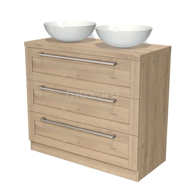 Wooden bathroom unit with three drawers and two white countertop wash basins, ideal for modern bathroom design.