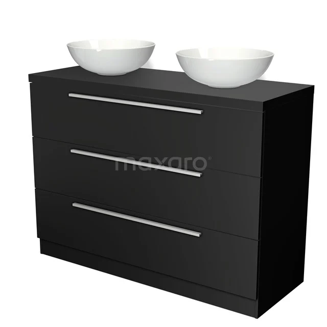 Black bathroom unit with three drawers and two white vanity units for countertop wash basins, sleek design and suitable for modern bathroom interiors.