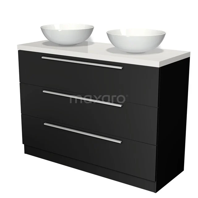 Black bathroom furniture set in wood, with double basin bowls and three drawers; modern design for a stylish bathroom.