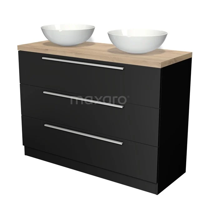 Black bathroom unit with wood-look worktop, double white drawers and three sleek drawers for stylish storage space.