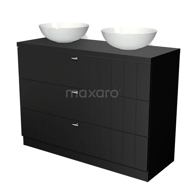 Black wooden bathroom unit with three drawers and two round white vanity units for countertop wash basins, ideal for a modern bathroom style.