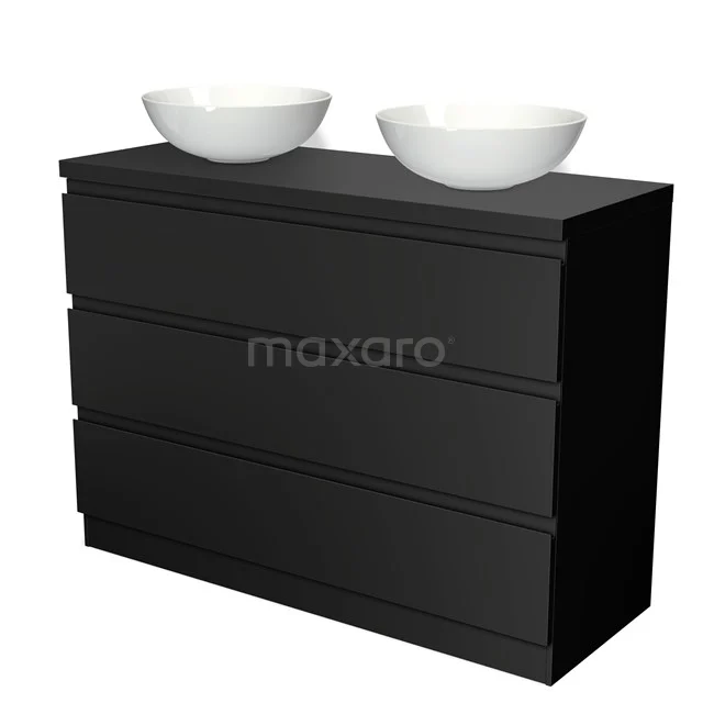 Black bathroom cabinet with three drawers, double white basins and stylish finish, perfect for modern bathroom spaces.
