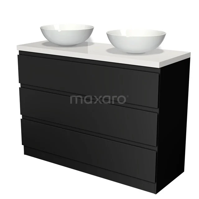 Badmöbel für Aufsatzwaschbecken 120cm Modulo Plato Matt Schwarz 3 Schubladen Stehend Grifflos Hochglanz Weiß Platte BMK19S-00255 Schwarze Badmöbel mit Doppelwaschbecken, modernes Design, Hochglanz-Oberfläche und keramische Schalen für luxuriösen Auftritt.