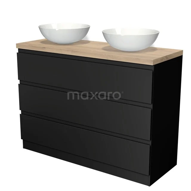Schwarze Badmöbelset mit Holzplatte und doppelten, runden weißen Waschbecken; stilvolles und modernes Design.