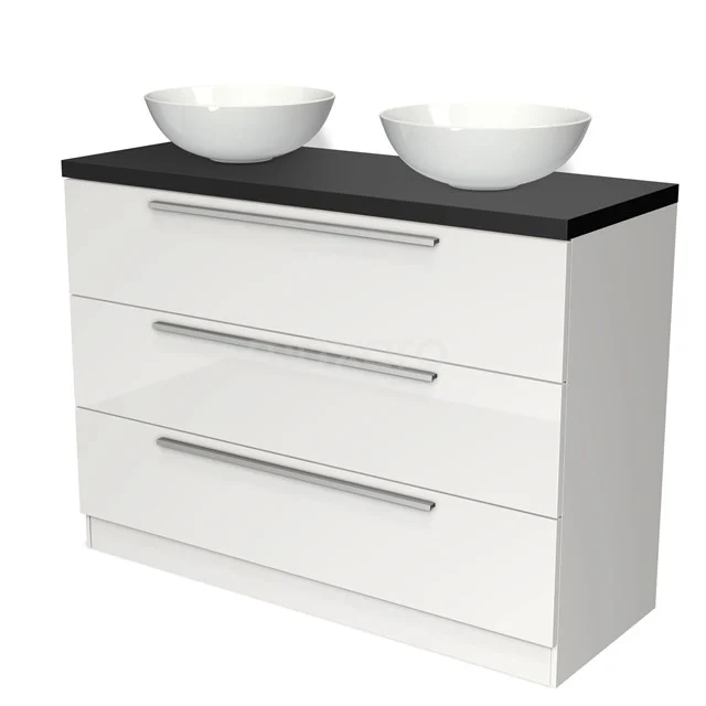 Weiße Badmöbel mit schwarzer Platte und zwei losen Aufsatzwaschbecken, modernes Design und geräumige Schubladen für praktischen Stauraum.