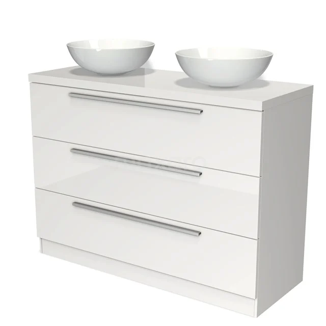 Weißes Badezimmermöbel mit doppelten Aufsatzwaschbecken, drei Schubladen und modernen Metallhaltegriffen, ideal für eine stilvolle Badezimmergestaltung.